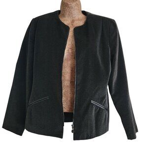 Black Textured Zip-Front Jacket With Pockets Long Sleeves Herringbone Pattern